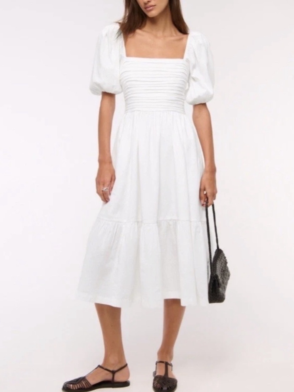 Abercrombie & Fitch Emerson Puff Sleeve White Midi Linen Blend Dress Size Large
